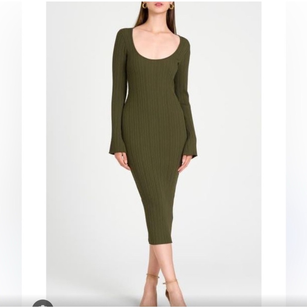WAYF Alexi Green Ribbed Long Sleeve Bodycon Midi Dress